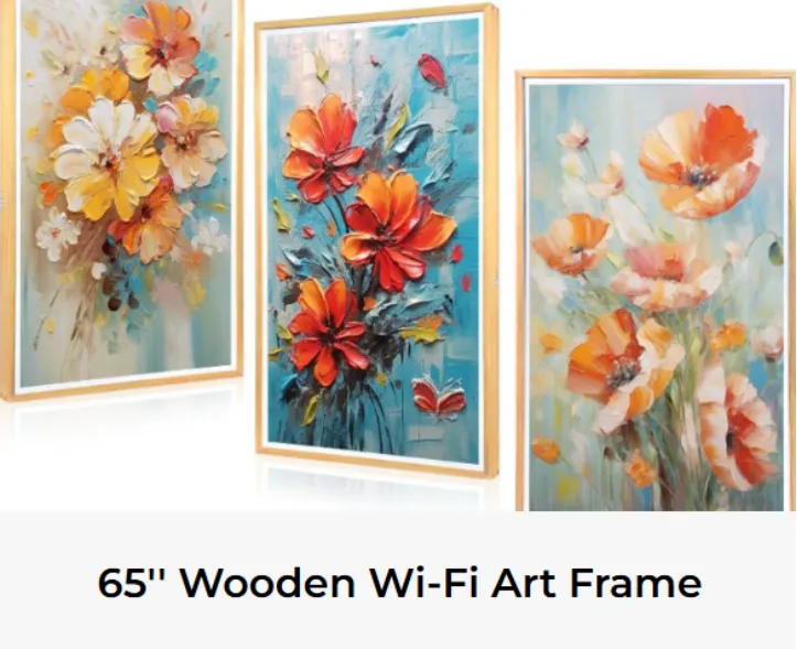 65-inch wooden Wi-Fi digital art frames displaying textured floral paintings