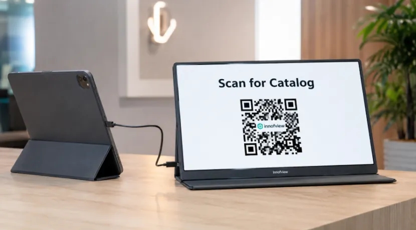 A portable monitor displaying a Scan for Catalog QR code, connected to a tablet with a single cable on a wooden desk