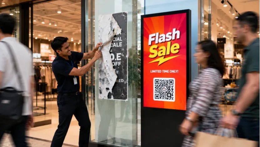 A store worker struggling to remove a torn paper poster next to a modern digital signage screen showing a flash sale