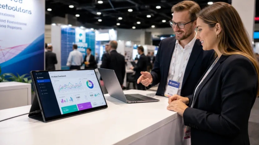 Two professionals at a trade show booth reviewing a data dashboard on a portable monitor connected to a laptop
