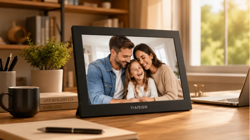 Black YIAISIGN digital photo frame on a home desk displaying a happy family photo