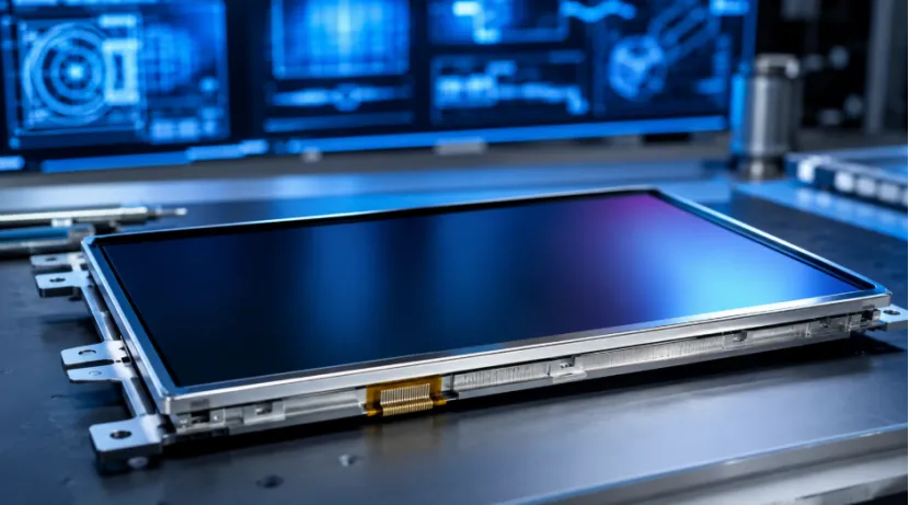 Custom LCD display panel resting on a high-tech engineering workbench