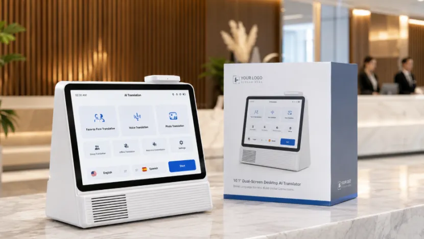 Desktop AI translator and OEM box at hotel reception