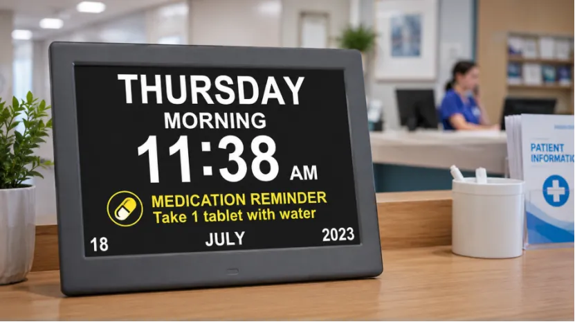 Digital day clock displaying a medication reminder on a clinic counter, with a healthcare worker in the background