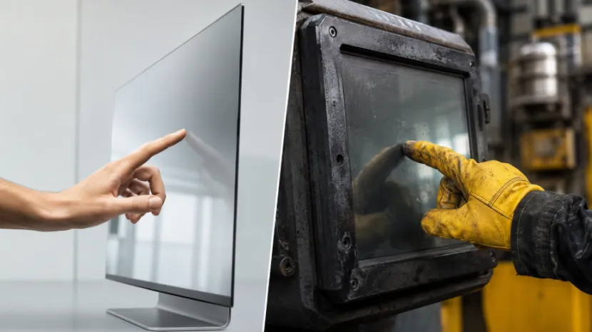 Split view of a bare hand and a gloved hand using touch screens