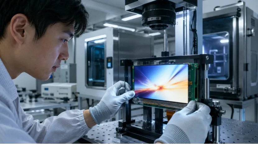 Technician wearing gloves inspecting an illuminated LCD module on a testing rig
