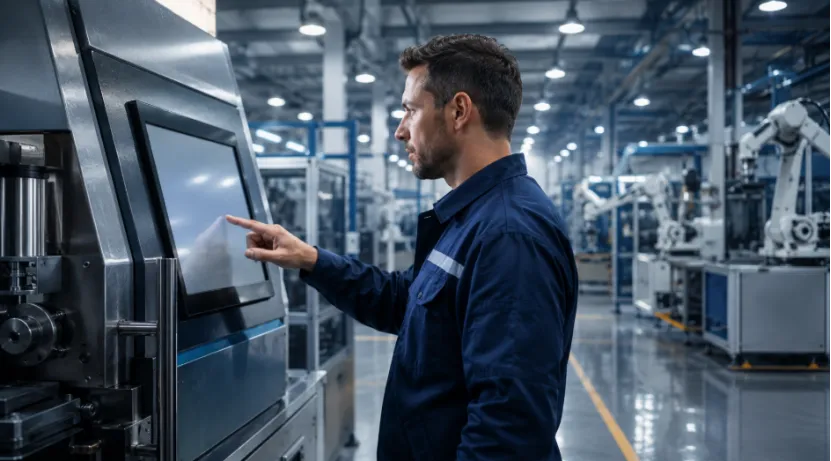Worker operating an industrial touch screen in a factory