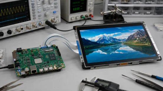 Android motherboard connected to a custom LCD screen on a workbench