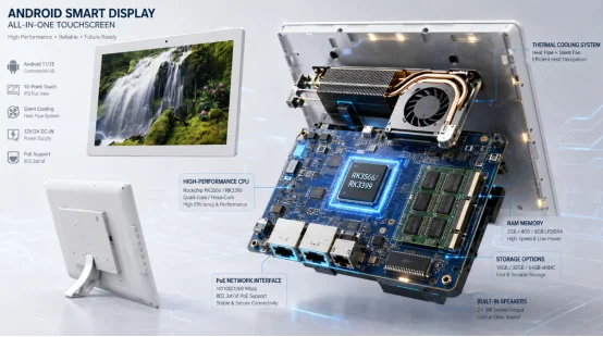 Detailed infographic showing internal hardware components of an Android smart display