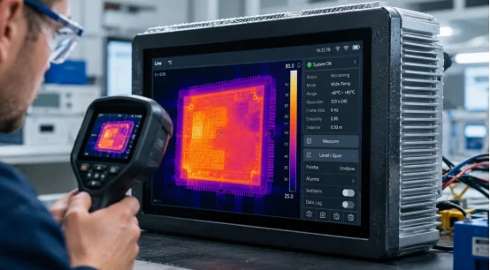 Engineer inspecting an industrial touch display with a thermal camera