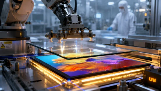 Robotic arm assembling a glass touch display panel