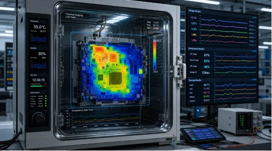 Thermal imaging test of an Android motherboard in a test chamber