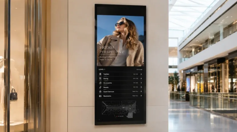 Wall-mounted digital signage showing mall directory and ad