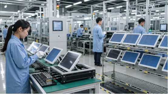 Workers testing touch displays on an automated OEM assembly line