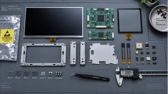Deconstructed commercial display components and engineer tools flat lay