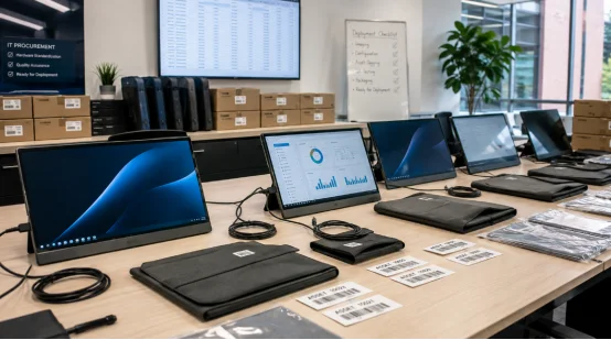 IT procurement fleet deployment of portable monitors with asset tags