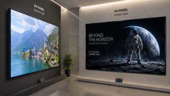 Side-by-side comparison of IPS panel viewing angle and VA panel contrast ratio