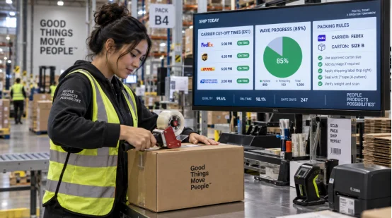 Warehouse worker packing a box in front of a shipping dashboard screen
