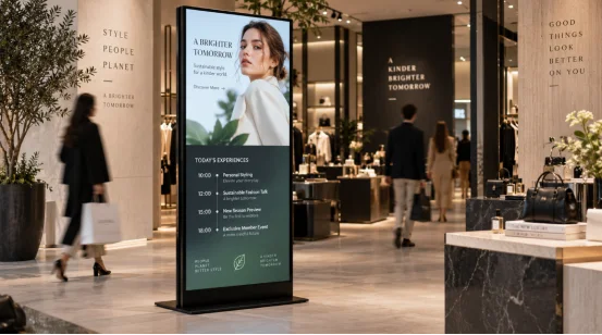 Floor-standing vertical digital signage display in a modern retail store