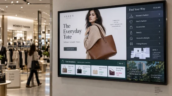 Wall-mounted multi-zone digital signage screen with real-time inventory and wayfinding