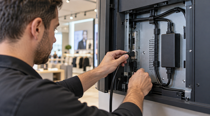 Technician testing digital signage display panel with a multimeter
